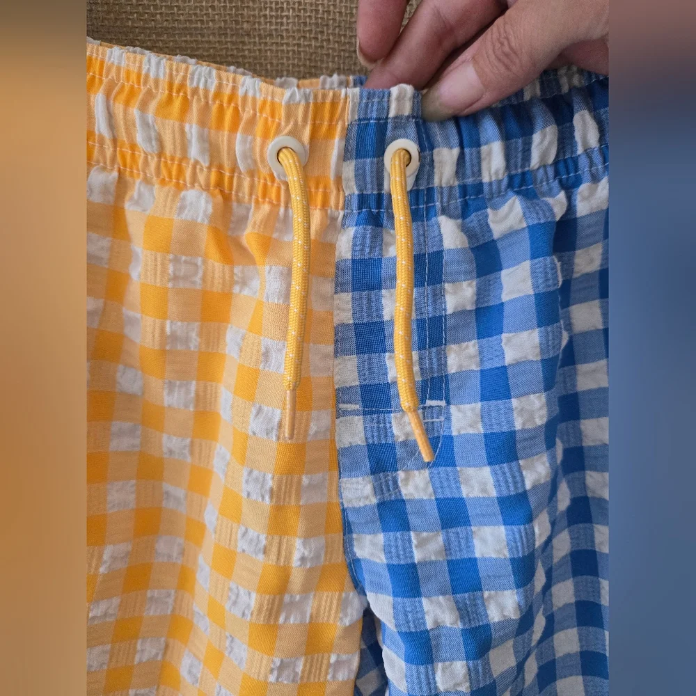 Boy's Wonder Nation Yellow Blue Gingham Seersucker Swim Trunks Size 8 - Picture 5 of 11